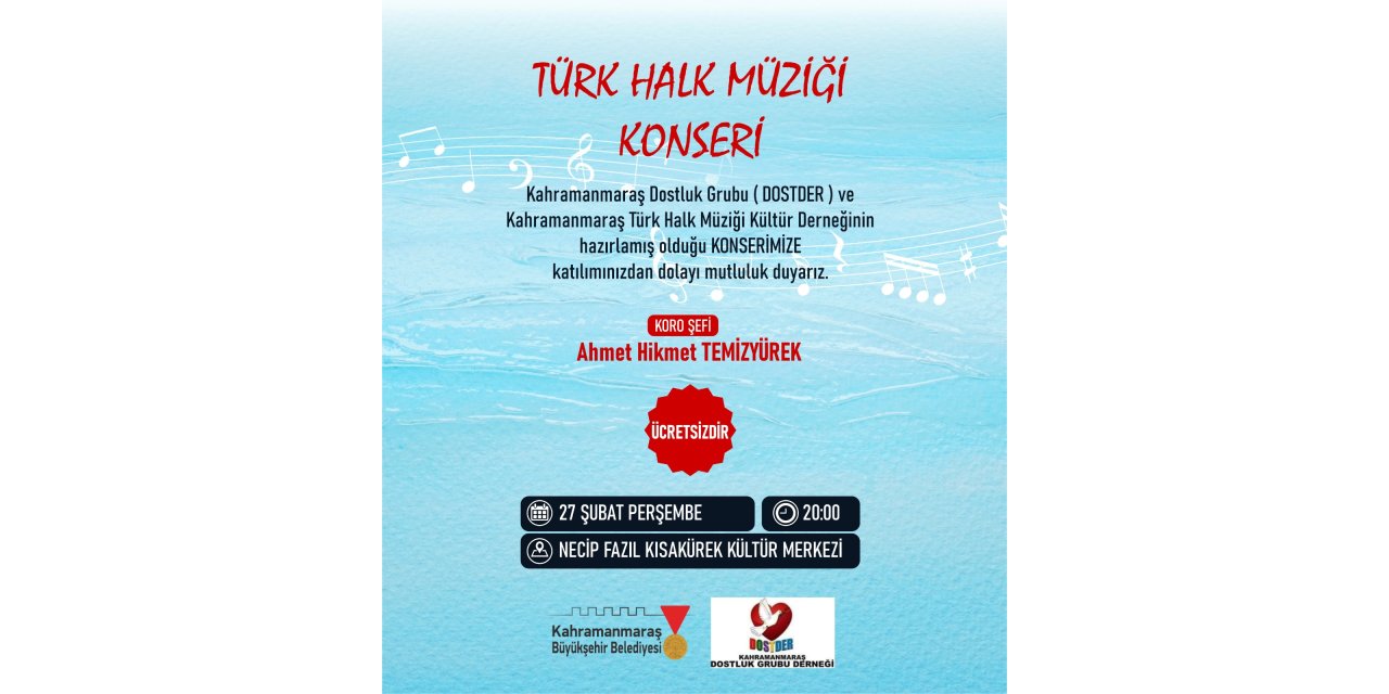 Kahramanmaraş’ta Türk Halk Müziği Gecesi Düzenleniyor