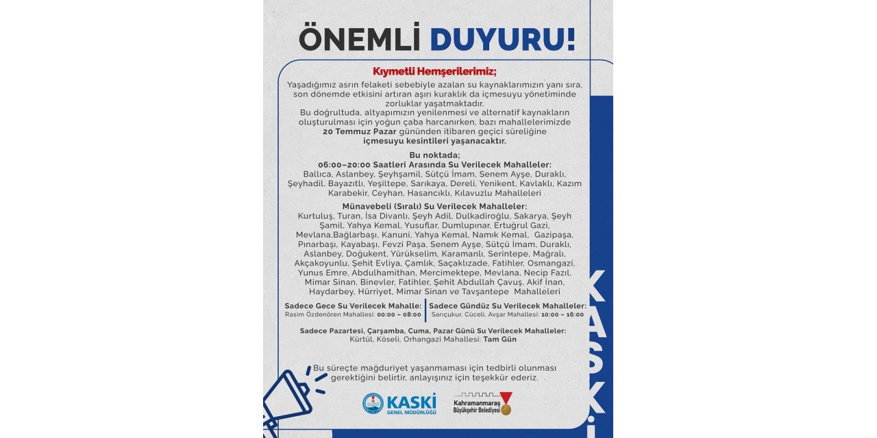 Vatandaşlara Dikkat: 20 Temmuz’dan İtibaren Geçici Su Kesintileri Başlayacak