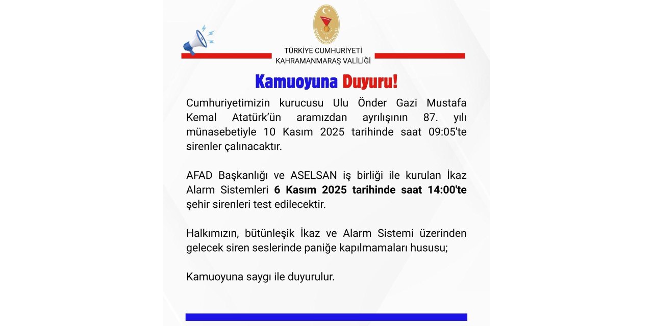 Kahramanmaraş’ta Şehir Siren Sistemi Test Edilecek