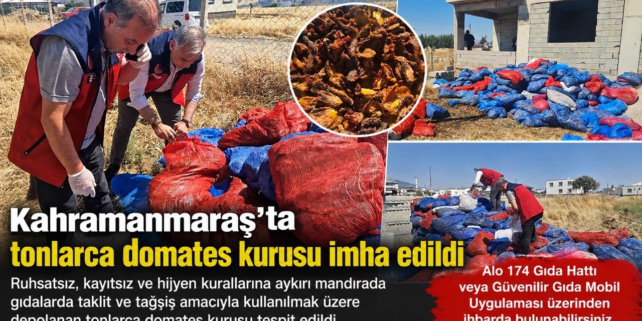 Kahramanmaraş’ta ruhsatsız mandırada tonlarca domates kurusu imha edildi